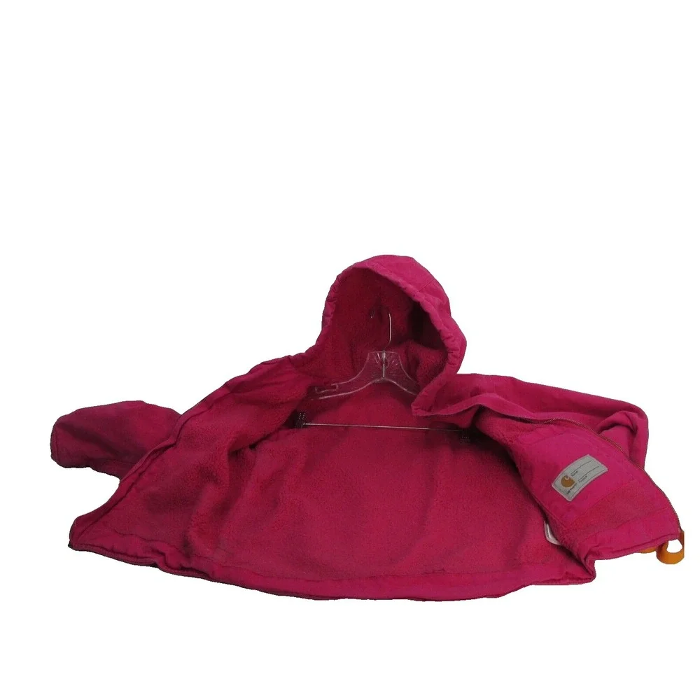 Carhartt Duck Canvas Jacket Girls Large 14 Pink hooded Sherpa Lined Zip Chore